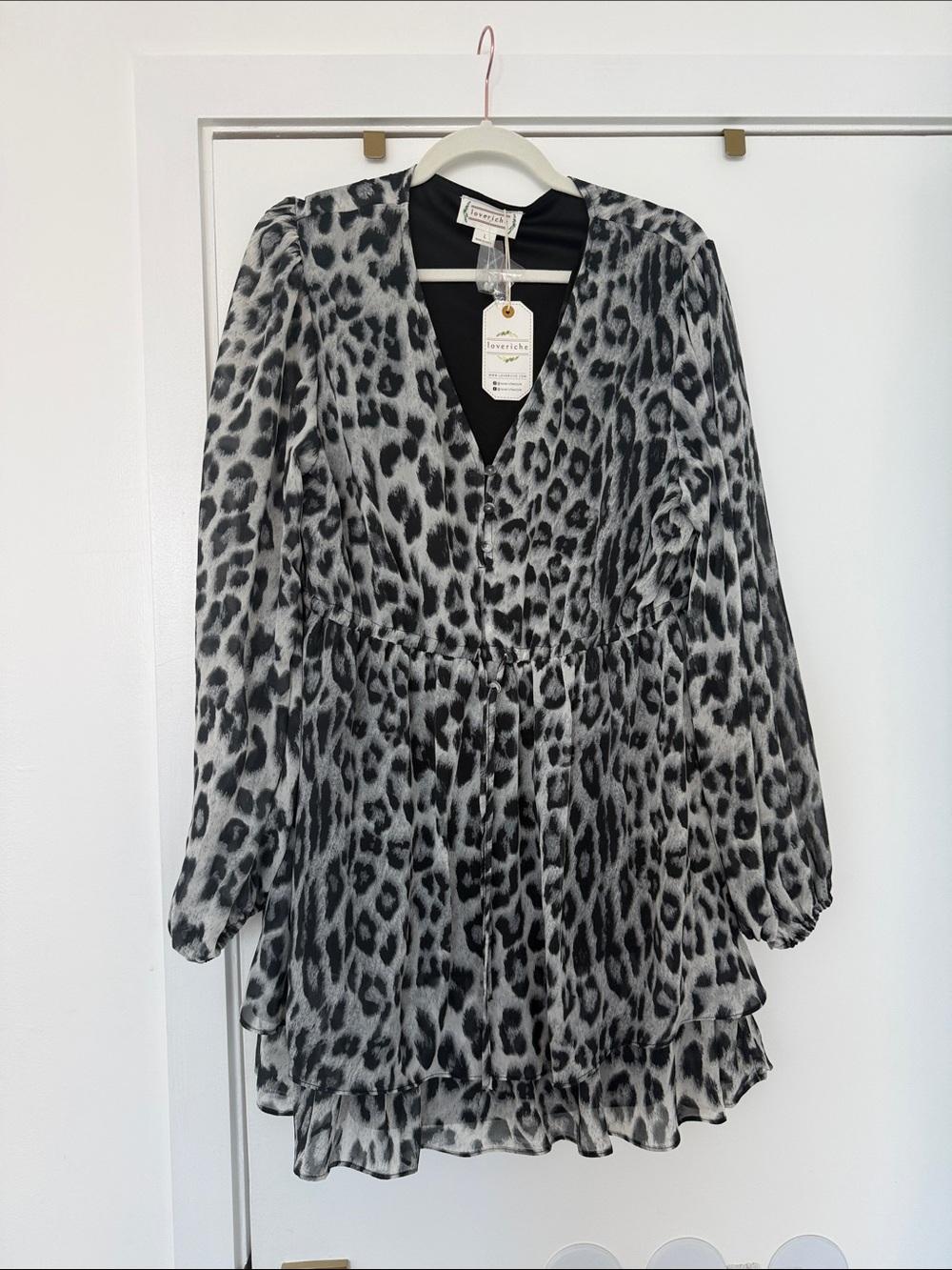 Love Riche Gray and Black Leopard Print Ruffled Tier Dress